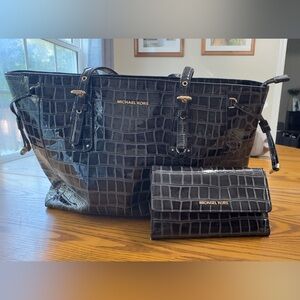 Michael Kors Black Croc-Embossed Tote and Wallet Set